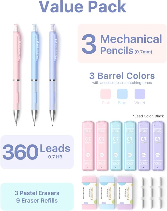 Four Candies 3PCS Cute Mechanical Pencils Set, 0.7mm with 360PCS Lead Refills, Pastel Erasers & Case, Clean Girl Aesthetic School Stuff for Teen Girls Everyday Writing and Schoolwork