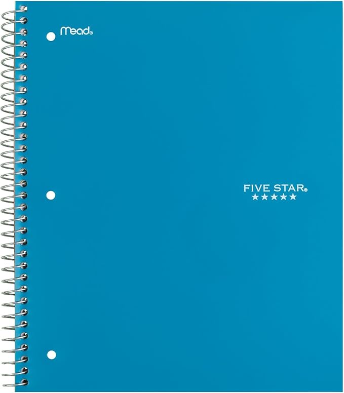 Five Star Spiral Notebook, 3 Subject, Wide Ruled | 8" x 10-1/2" | 150 Sheets | Water Resistant | Tidewater Blue | Pack of 6