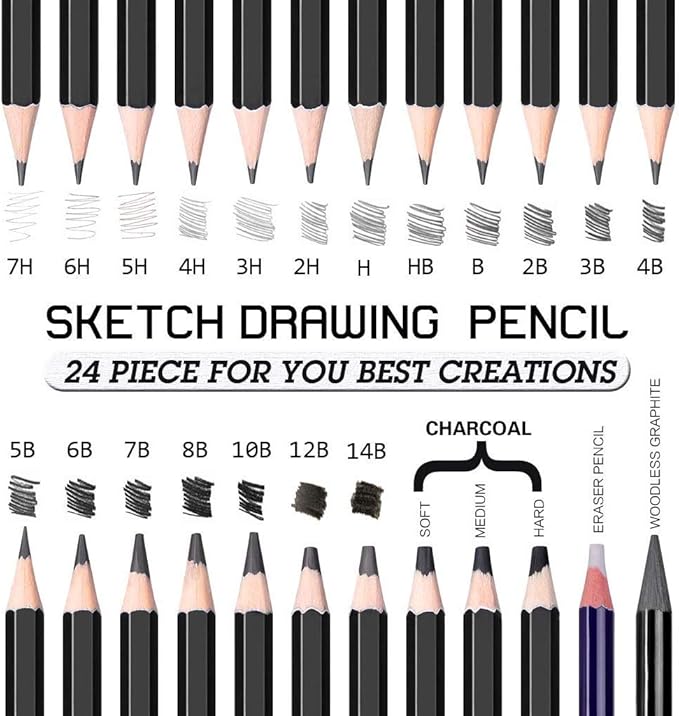Sketching Pencil Set - 24 Pieces Drawing Sketch Pencil HB,B,2B,3B,4B,5B,6B,7B,8B,10B,12B,14B,H,2H,3H,4H,5H,6H,7H, Includes Charcoal, Eraser, Graphite Pencils for Beginners & Pro Artists