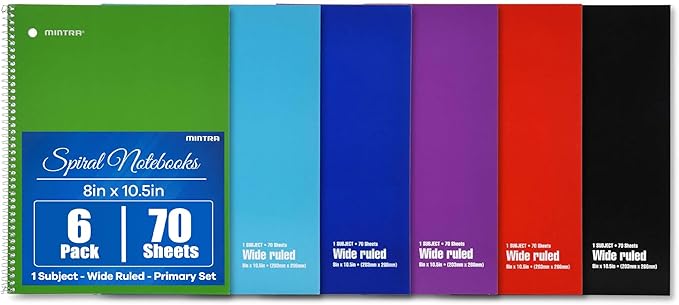 Mintra Office Spiral Notebooks Set - Primary Colors, Wide Ruled, Journals for School, Work, Business, Aesthetic Stationery, Writing Pads, Teacher & Student Supplies, 70 Sheets Each, 6-Pack