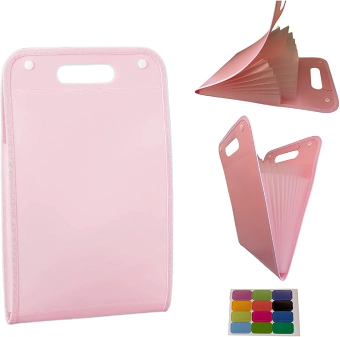 Vertical Accordion File Folder,13 Pockets Expanding File Organize with Labels,A4 Letter Size Paper Document Receipt Organizer Accordion Filing Folder for Classroom, Home,Office.(Pink)