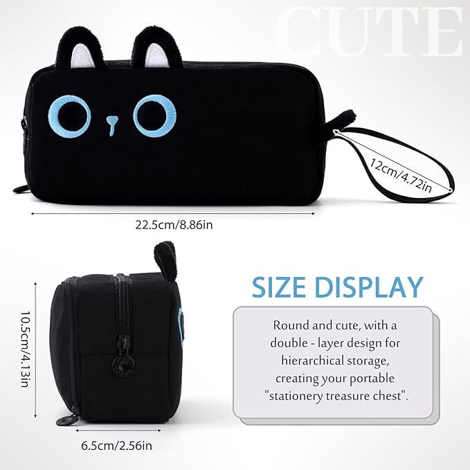 CICIMELON Cartoon Pencil Case, Large Capacity Pen Pouch with Embroidered Animal Design, School Supplies Bag for Kids, Teens, Students (Black Cat)