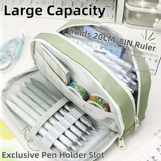 Simple Style Cotton Rope Pencil Holder - Large Capacity Multi-layered Pencil Case Organizer, Aesthetic Minimalist Fabric Pen Pouch with Zipper, Durable Eco-Friendly Pen Pouch Bag (Green)