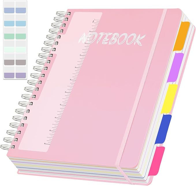 5 Subject Notebook College Ruled 300 Pages Hardcover Spiral Notebook with Removable Dividers Tabs, 8.5" x 11" 100GSM Large A4 Lined Journal Notebooks for Work School