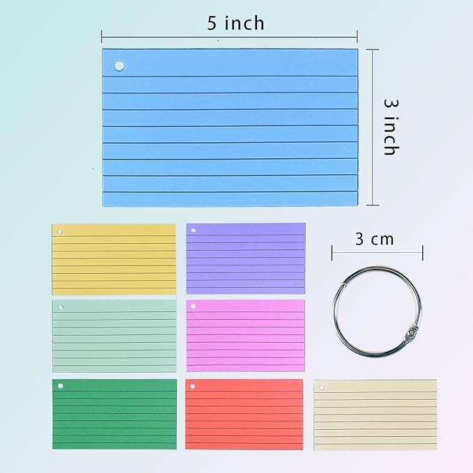 Index Cards 3x5 Inch, 800PCS Flash Cards with Rings 8 Colors Ruled Index Cards, Assorted Lined Colored Flashcards, Thin Note Cards Paper, Study Card Memo Scratch Pad for Home Office School