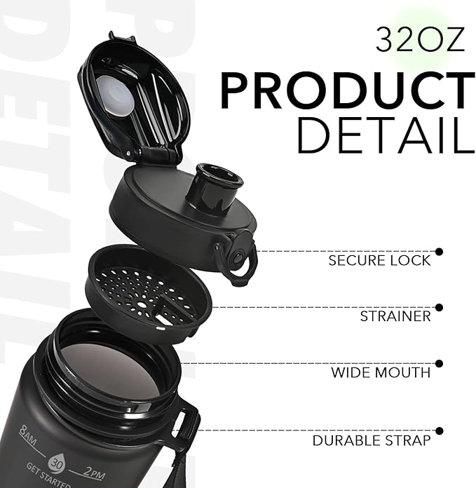 32oz Water Bottle with Time Marker, Motivational Drinking Bottle with Strap, BPA-Free Leak-Proof, Encouraging Water Bottle Time to Drink Water for Gym School Office Travel