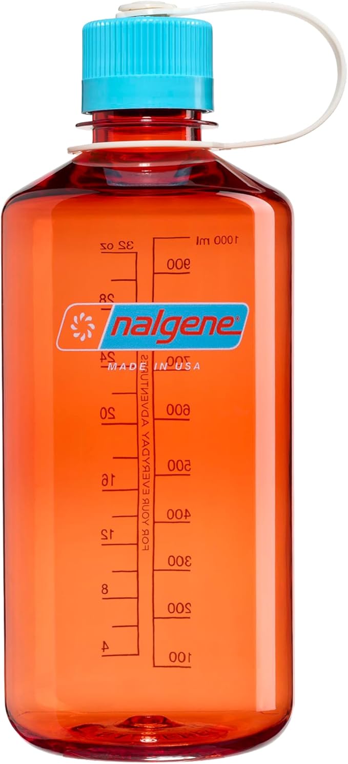 Nalgene 32 oz Narrow Mouth Water Bottle | BPA-Free, Durable & Leak Proof, Lightweight for Hiking & Gym – Thrill & Motion, Flame w/Blue Atoll