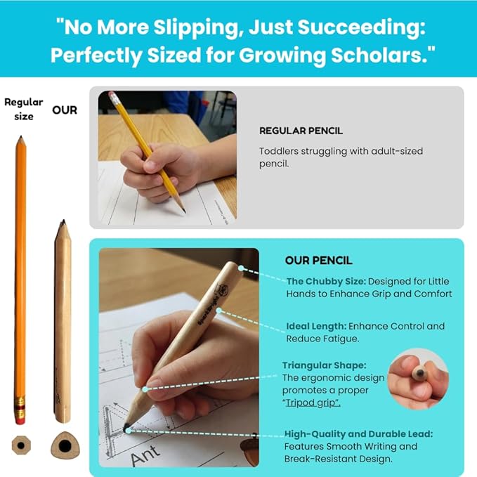 Toddler Pencils Thick Flat Jumbo Triangular Shape for Writing Beginners, Preschoolers, Early Learners, and those with Special Needs. Sets of 10 natural wood pencils with a wood sharpener and eraser