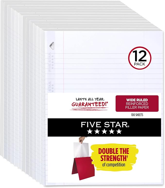 Five Star Loose Leaf Paper, 12 Pack, Notebook Paper, Wide Ruled Filler Paper, Reinforced, 8 x 10.5, 100 Sheets per Pack (72364)