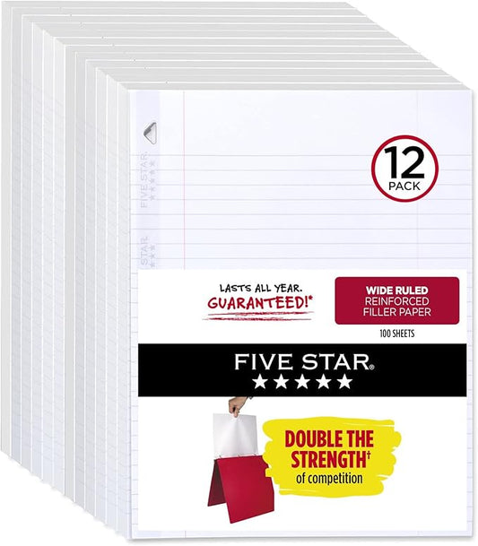 Five Star Loose Leaf Paper, 12 Pack, Notebook Paper, Wide Ruled Filler Paper, Reinforced, 8 x 10.5, 100 Sheets per Pack (72364)