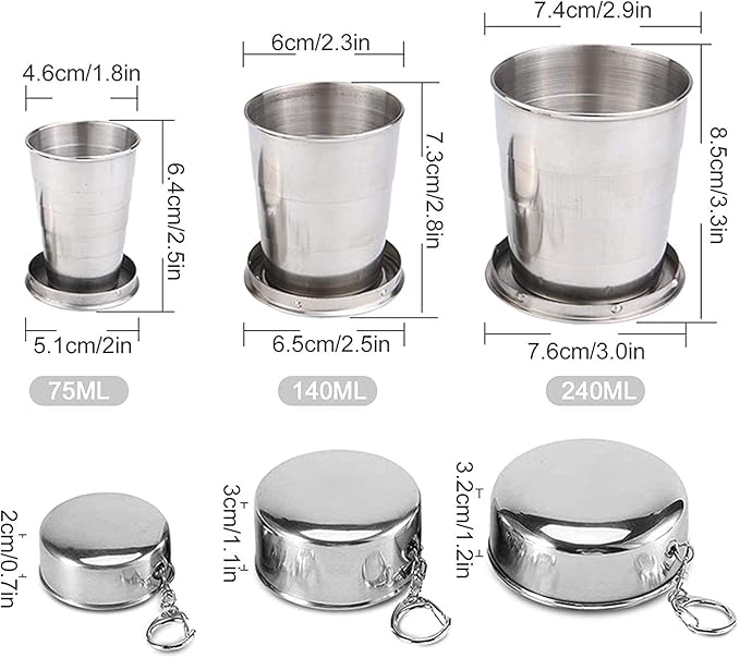 Guyuyii 3 Sizes Stainless Steel Collapsible Cups with Lids & Keychains | Portable Telescopic Drinking Travel Mugs | Foldable Metal Shot Glasses for Camping, Hiking & Outdoor Survival | Dishwasher Safe