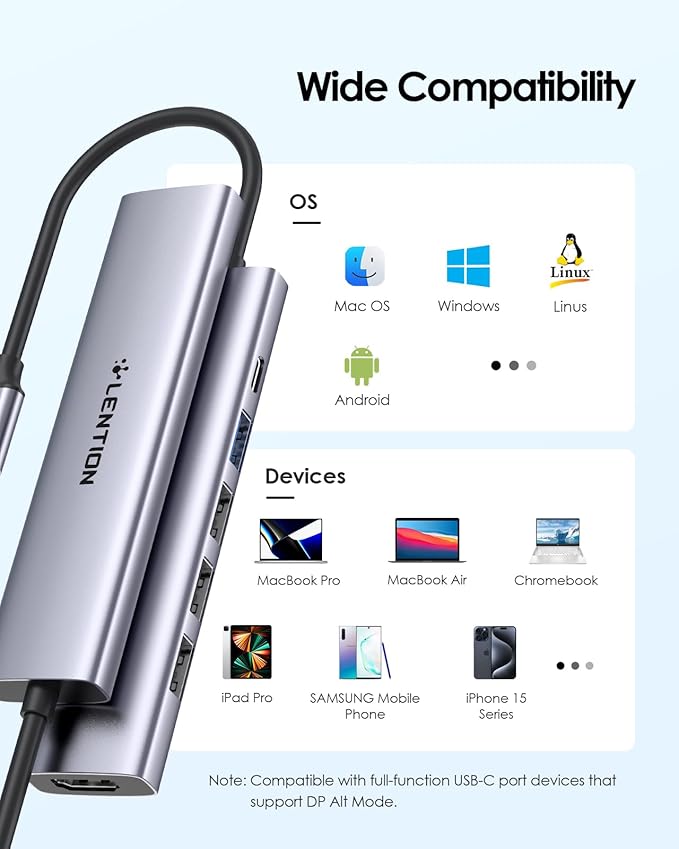 LENTION USB C Hub Multiport Adapter with 100W Charging, 4K HDMI, 4 USB-A Data Ports, Type C Hub for 2016-2026 MacBook Pro/Air/Neo, Surface, Chromebook, USB Splitter for iPhone 15-17 (CH17, Space Gray)