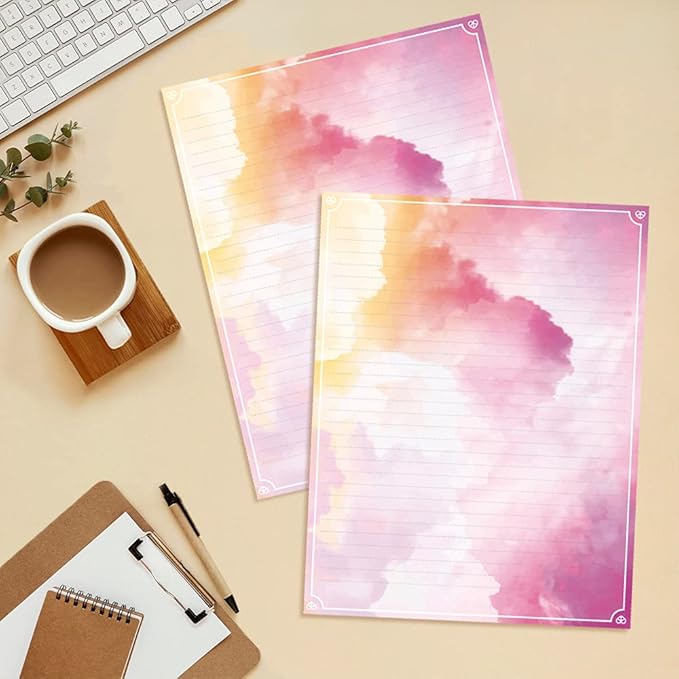 Anzon Mories Watercolor Stationery Paper Set 96 Pieces (Lined) Double Sides Colored 21lb/100gsm Heavy Weight Writing Stationary Paper 8.5” x 11” US Letter Size, 8 Colors Original Design College Ruled