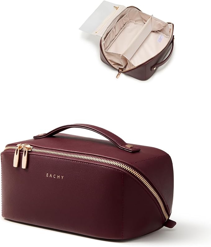 EACHY Travel Makeup Bag, Large Capacity Cosmetic Bag for Women, Waterproof PU Leather, Flat Open Portable Toiletry Bag for Skincare, Brushes & Travel Essentials