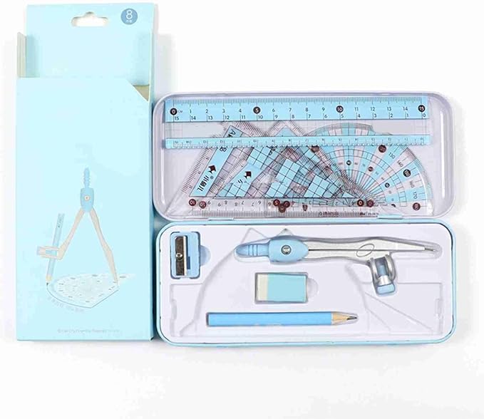 Math Geometry Kit, Pencil for Compass, Pencil Sharpener, 2 Rulers, Straight Ruler, Protractor, Graphic Compass, White Eraser Shatterproof Storage Box Protractor Math Compass Kit (Blue)