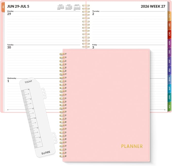 SUNEE Academic Planner 2026-2027 – Weekly & Monthly Planner, July 2026 to June 2027, 8.5"x11", Thick Paper, Tabs, Pockets, Bookmark, Spiral-Bound, Student Teacher Organizer, Pink