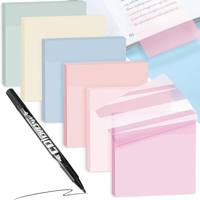 Transparent Sticky Notes with Marker Pen, Tecolu 7 Pads Clear Sticky Notes Sets, 5X The Sticking Power Translucent Sticky Note Pad, Waterproof & See-Through Sticky Notes,Macaron