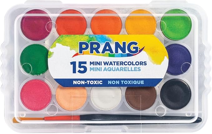 Prang Mini Watercolor Paint Set, 15 Assorted Colors and Mini Paint Brush, Small, Portable, and Travel-Friendly, Class Pack of 12 Sets