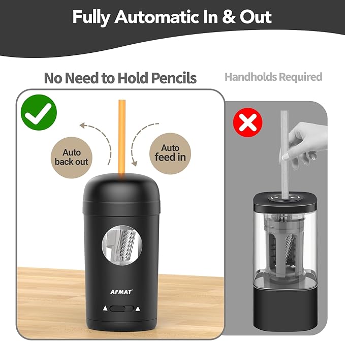 AFMAT Electric Pencil Sharpener, Fully Automatic Pencil Sharpener for 7-8mm Pencils & Colored Pencils, Auto in & Out, Rechargeable Vertical Hands-Free Sharpeners for Classroom/Home/Office PSX7(Black)