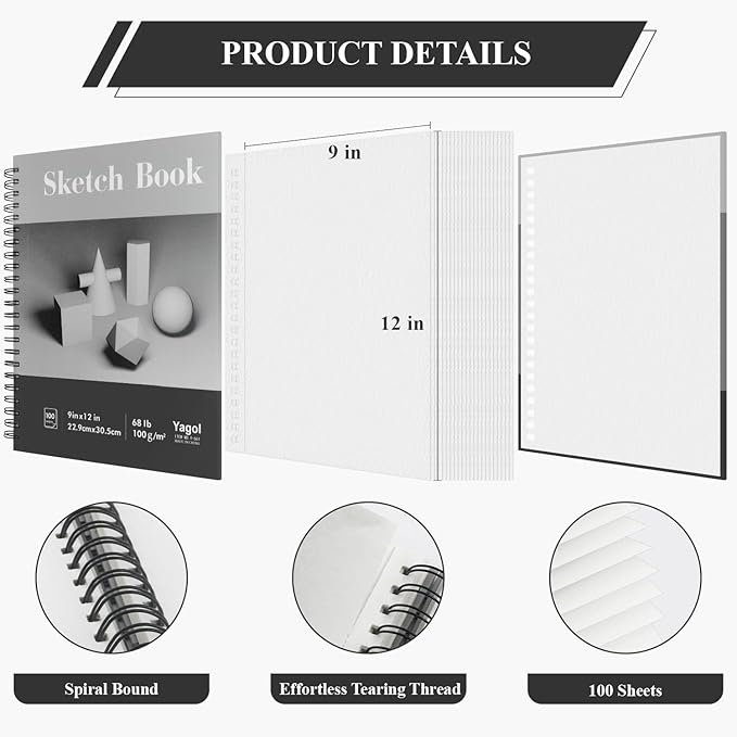 Yagol Sketch Book 9x12, 100 Sheets Spiral Bound Sketchbook, 68lb/100gsm Acid-Free Drawing Paper Pad for Sketching, Pencil, Charcoal & Dry Media, Art Sketch Pad for Students, Beginners & Artists.