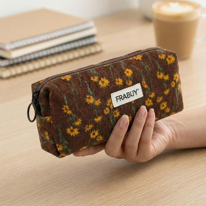 Soft Corduroy Pencil Case Pen Pouch Organizer, Small Stationery Bag | Cute brown chrysanthemum pencil pouch, smooth zipper, daily cosmetics holder, compact organizer for school teen girls, women