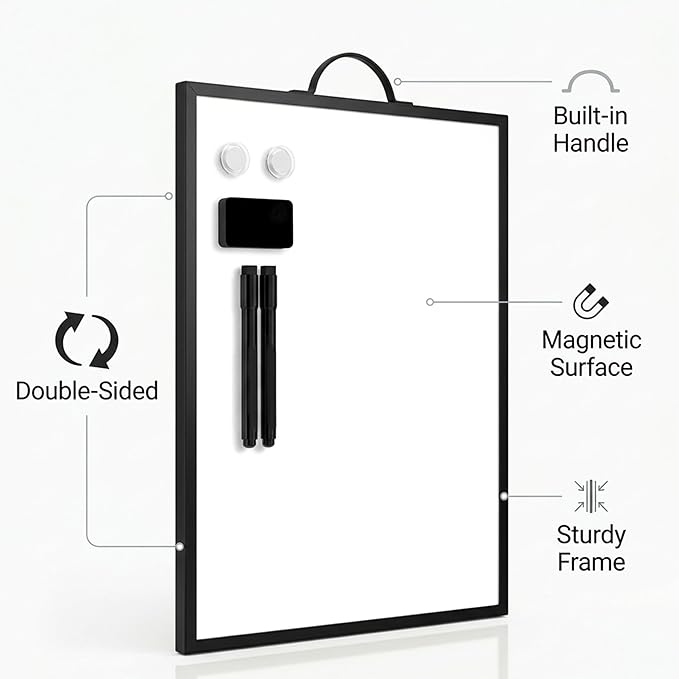 Magnetic Dry Erase Board 12x16 with Handle, Double Sided Portable Black Whiteboard for Home, Office, School & Kitchen