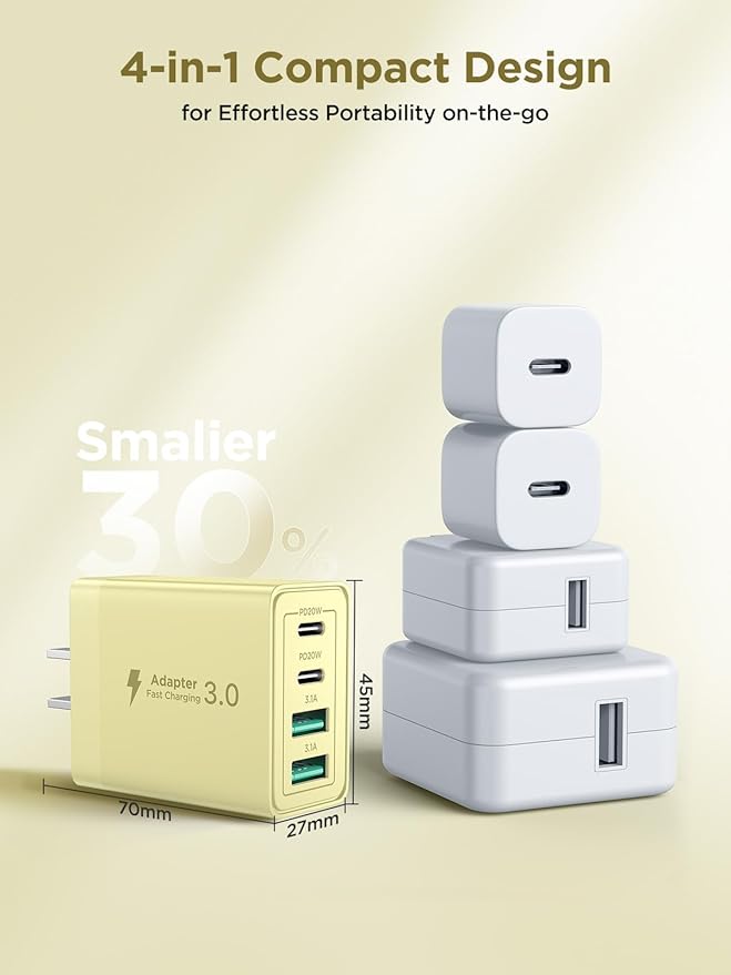 USB C Charger Block, 40W 4-Port Fast Charger 20W Type C Charging Block 3.1A USB Wall Charger Dual Port PD+QC Charging Cube for iPhone 16 15 14 13 12 Pro Max XS, iPad, Samsung Phone (Yellow)