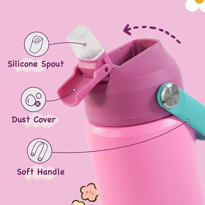 Kerilyn 12oz Kids Water Bottle, Stainless Steel Insulated Water Bottle for Kids, Toddler Cup with Straws Leak-Proof, Kids Water Bottles for School Boys Girls, BPA Free, Rose Red