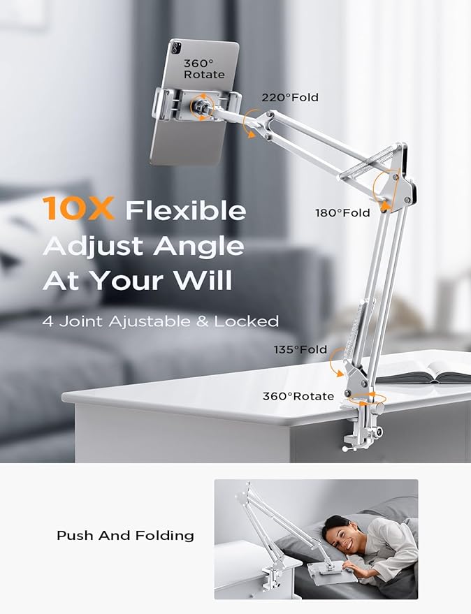 LISEN Tablet Stand iPad Stand for Desk Mount [Ultra Sturdy 2 Clamps] Kindle iPad Holder for Bed Gooseneck Phone Tablet Holder Mount fits iPhone Kindle 4-13" Device (White)