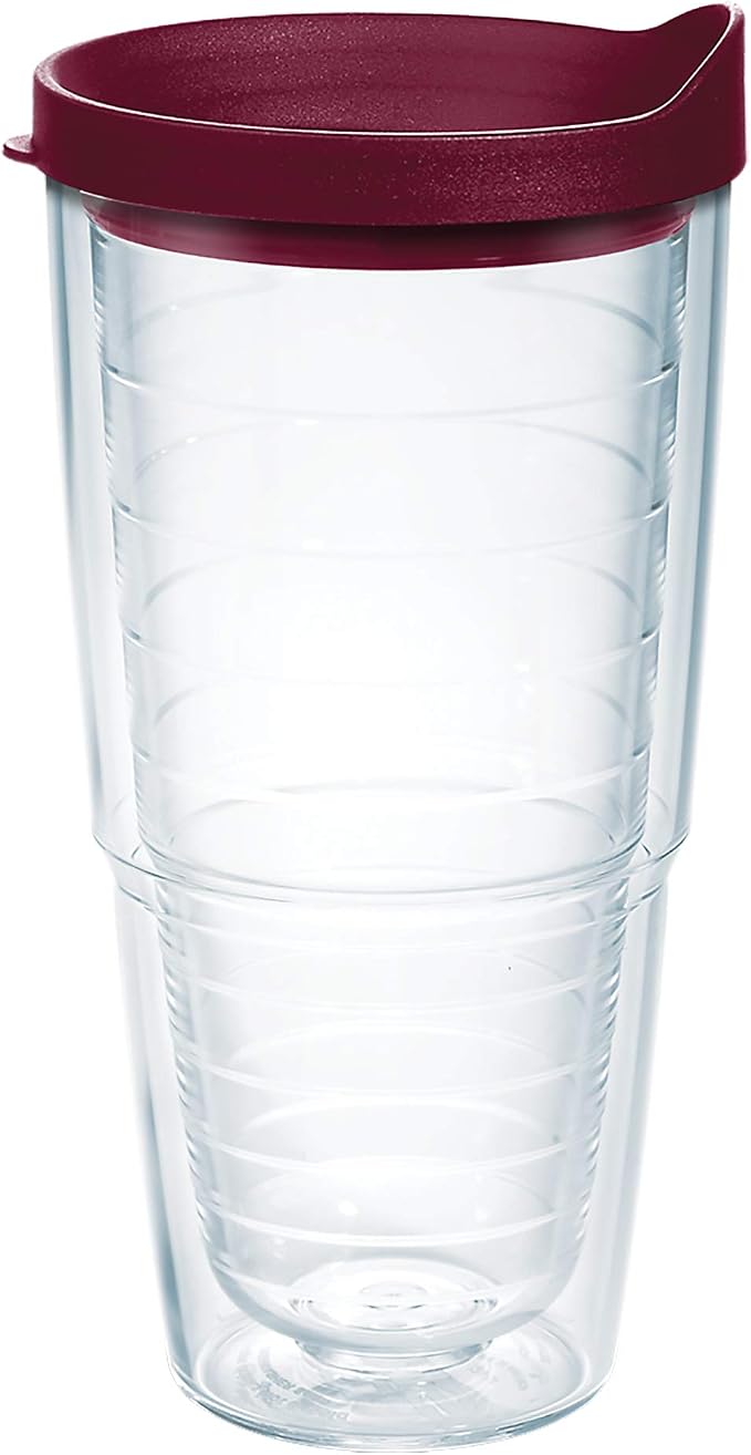 Tervis Clear & Colorful Lidded Made in USA Double Walled Insulated Tumbler Travel Cup Keeps Drinks Cold & Hot, 24oz, Maroon Lid