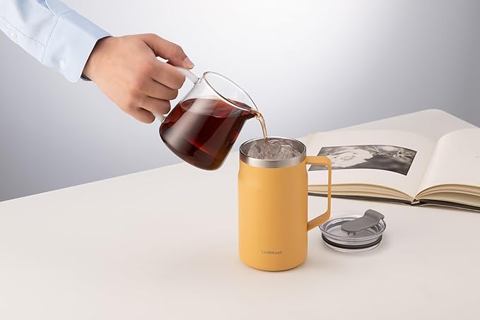 LocknLock Metro Mug Premium 18/8 Stainless Steel Double Wall Insulated with Handle Perfect for table with Lid, Yellow, 20 oz
