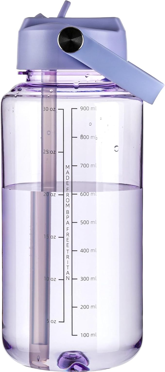 OLDLEY 32 oz Clear Water Bottle with Straw,Tritan BPA-Free, Wide Mouth, Leak Proof - for Gym, Travel, Home, School, Office (Purple)