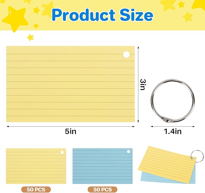 MAQIHAN Index Cards with Rings - 100PCS Colored Index Cards, 3x5 Inch Flash Cards for Studying, Prepunched Lined Notecards, Flashcards for College, Office, Home, Memory, To Do List, Study Supplies