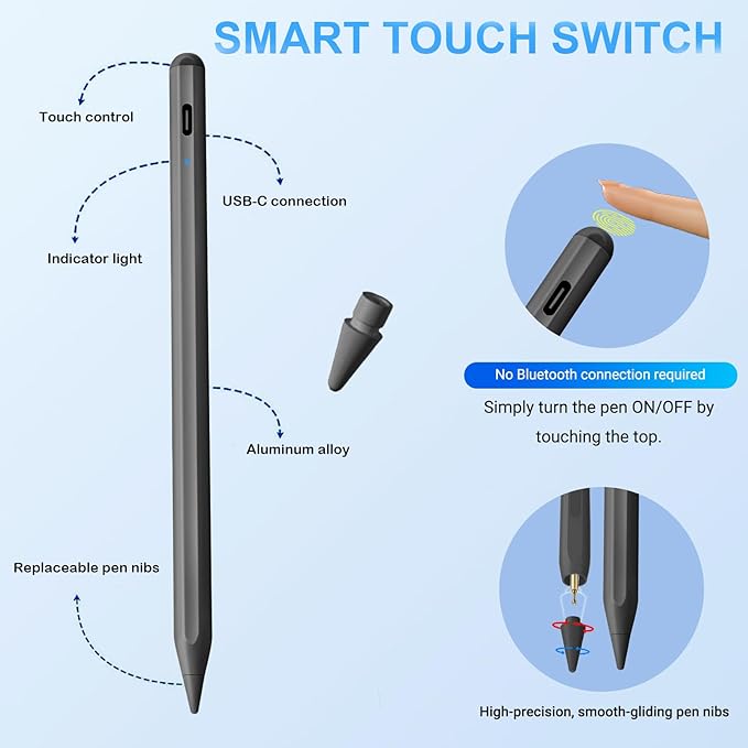 2 Pack Stylus Pen for iPad Apple:Fast Charge for iPad Pencil Apple Pen with Palm Rejection Tilt Sensitivity - Pen for iPad 10/9/8/7/6, iPad Pro 12.9"/11"/13" M4, iPad Mini 6/5, iPad Air 5/4/3/M2 Black