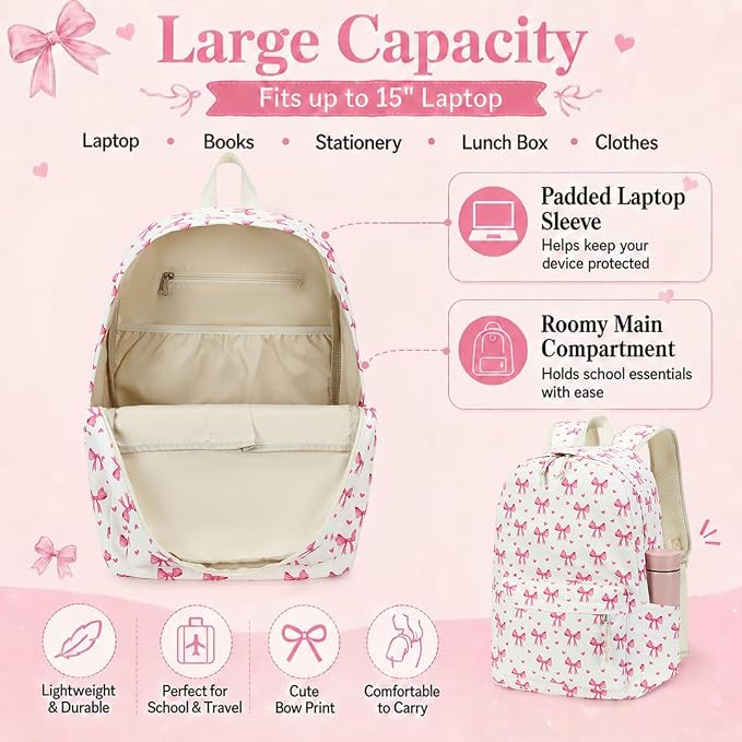 LOIDOU Backpack for Girls School Backpacks Bookbags for Elementary Middle School Women Laptop Backpacks (Bow Tie Beige, L-17)