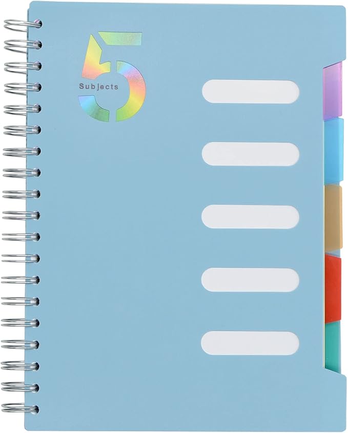 5 Subject Notebook, 1 Pcs Light Blue 10 Inch x 7 Inch B5 Spiral Notebook With Waterproof Plastic Softcover, 300 Pages 80 Gsm College Ruled Papers With 5 Sheets Colorful Movable Dividers (Light Blue)
