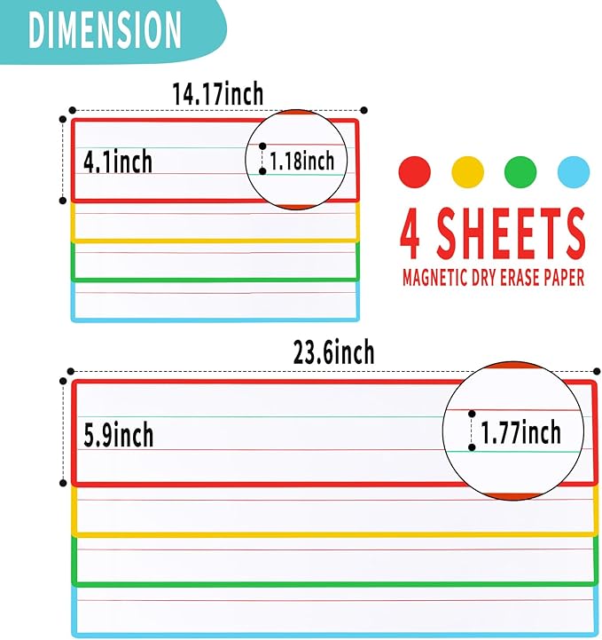 4 Sheet 14.2×4.1inch Dry Erase Magnetic Sentence Strips for Classroom Whiteboard & Fridge Handwriting Lined Paper for Home Teacher Must Haves Word Alphabet Practice Tool