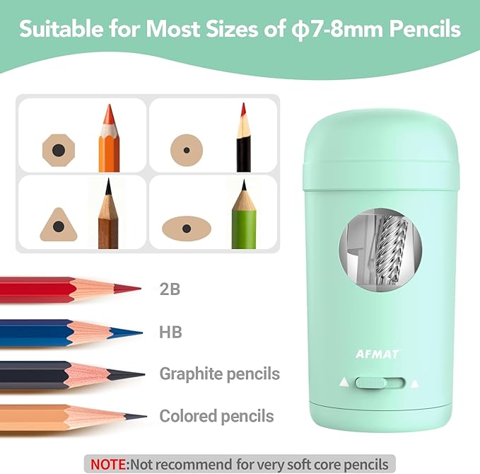 AFMAT Electric Pencil Sharpener, Fully Automatic Pencil Sharpener for 7-8mm Pencils & Colored Pencils, Auto in & Out, Rechargeable Vertical Hands-Free Sharpeners for Classroom/Home/Office PSX7(Green)