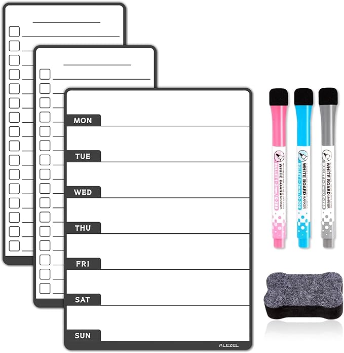ALEZEL Weekly Dry Erase Board for Fridge, Magnetic Meal Planner Whiteboard Set - Includes Weekly Calendar for Refrigerator & 2 to Do List White Boards, 3 Markers + Eraser