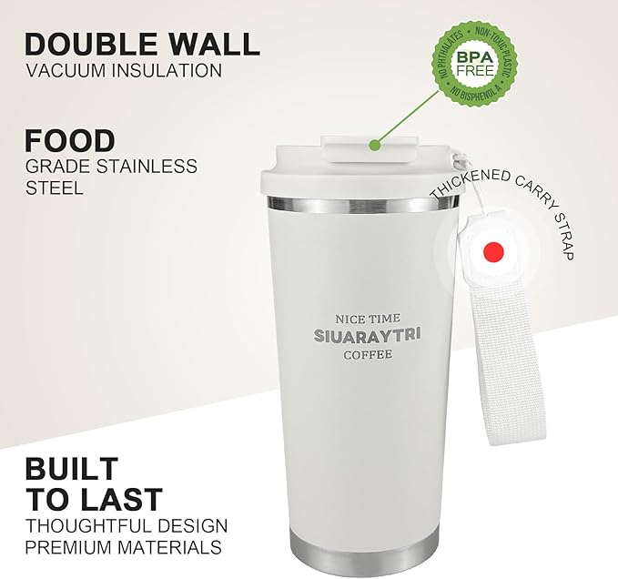 20oz Tumbler Stainless Steel Vacuum Insulated Coffee Travel Mug Reusable Iced Coffee Cup Hot Coffee Travel Mug with lid and straw Cupholder Friendly Leak-Proof BPA Free (White)