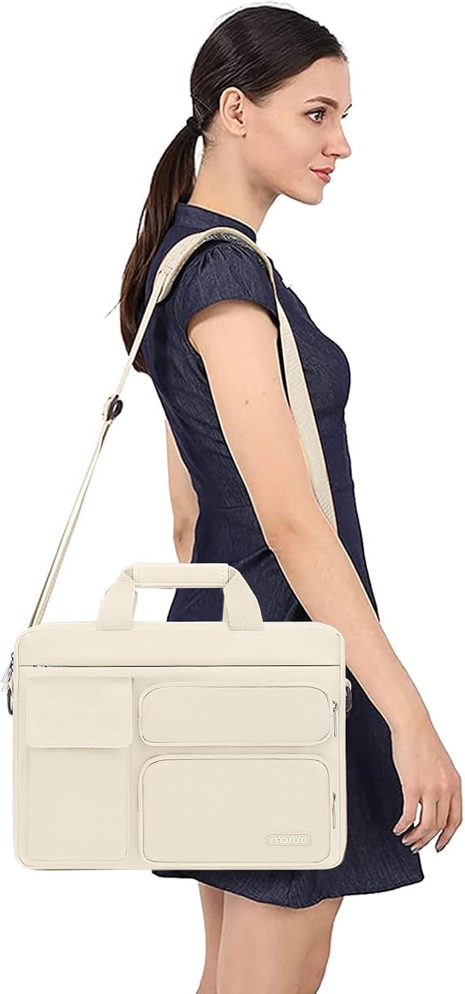 MOSISO Laptop Shoulder Bag 15.6 inch, 15-15.6 inch Computer Bag Compatible with MacBook Pro 16 inch, HP, Dell, Lenovo, Notebook with 2 Raised&1 Flapover&1 Horizontal Pocket&Handle&Belt, Sand