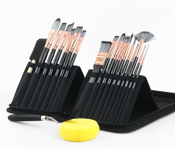 Transon 20Pcs Art Paint Brush Kit with Storage Case, 16 Brushes + Foam Brush Spatula Sponge for Acrylic Oil Watercolor Gouache, Adults Teens Beginners Art Supplies
