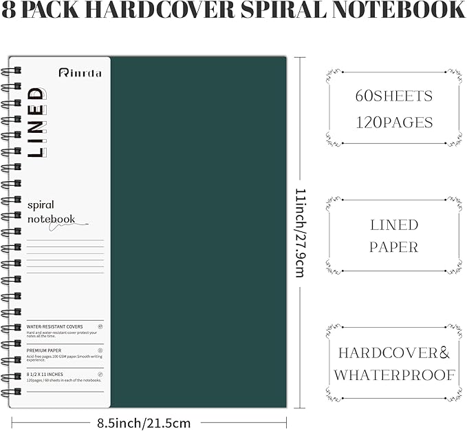 Lined Notebook Spiral Notebook 8.5" x 11"-8 Pack Large Journal Hardcover Notebook 7mm College Ruled Notebook 120 Pages 100 GSM Thick Hardcover Journal for School (LINED, Mult-color)