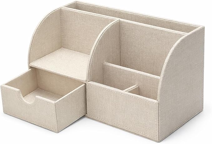 UnionBasic Desk Organizer - Multifunctional Leather Desktop Pen Holder Storage Box - Business Card/Pen/Pencil/Mobile Phone/Stationery Holder, Beige