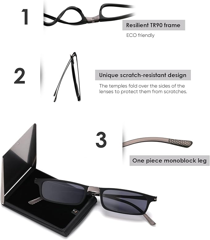 SKYOAK Unbreakable Evolved Folding Reading Sunglasses Women Men Blue Light Blocking Anti UV Eyestrain Foldable Portable Compact Lens Sun Readers Upgraded Metal Case Pocket Computer glasses 1.5 BLACK