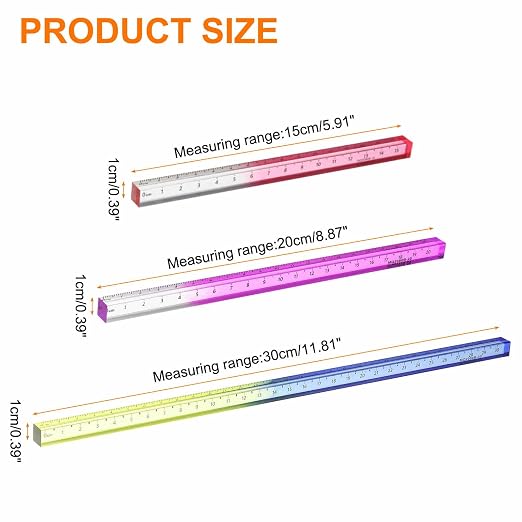HARFINGTON 3pcs Acrylic Clear Straight Rulers 15/20/30cm Metric Transparent Gradient Three-Dimensional Plastic Ruler Square Cube Measuring Tool for Classroom Office, Pink/Purple/Blue-Yellow