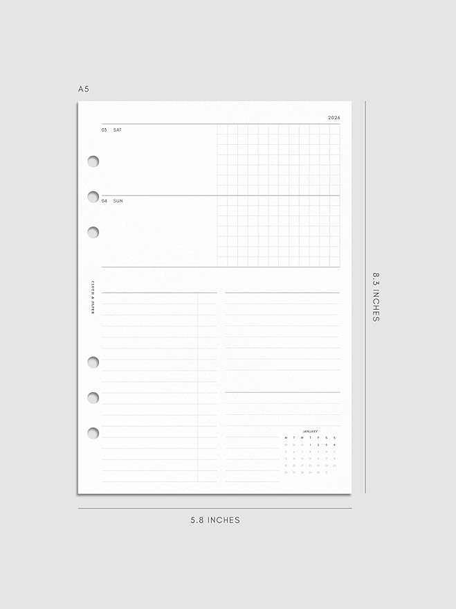 Cloth & Paper 2026 Dated Weekly Planner Inserts - Monday Start | A5 Size 5.8 x 8.3 Inches | Horizontal Weekly Layout, 215 | Minimal Agenda Refill | 6 Ring A5 Binder Planner Inserts