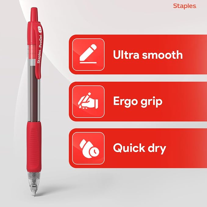 Staples Retractable Gel Pens, Fine Point, Red Ink, 12-Pack | Smooth, quick-dry writing for notes, editing, and everyday office use.