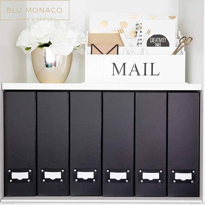 BLU MONACO Foldable Black Magazine File Holder | Set of 6 Cardboard Desk Organizer Boxes | Vertical Magazine File Holder | Standing File Holder | Office Classroom or Home