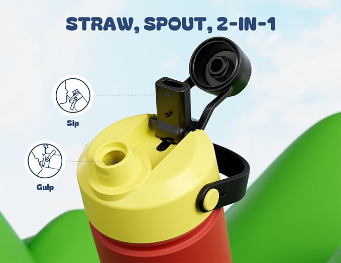 12 oz Kids Water Bottle for Boys: 2-in-1 Straw Spout Lid, Leakproof, Durable Straw Spout Lid, 24H Cold, Easy Carry, Insulated Stainless Steel Cup for School, Travel, Camping, Daily (Mouse's Mischief)